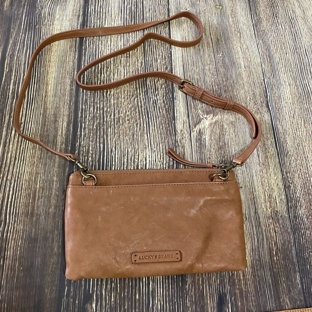 Lucky Brand Womens Small Convertible Wallet Crossbody Purse Brown Leather